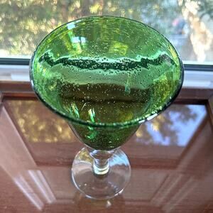 Vintage Artland Green Bubble Glass Goblet Flared Rim Clear Stem 8.25”